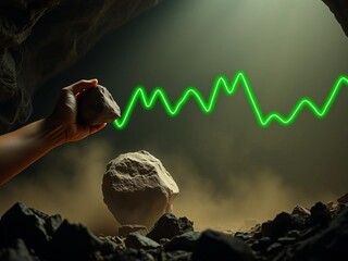 A hand lifts a heavy rock in a dusty mine, green graph lines soar across the sky,  resource,  abstract