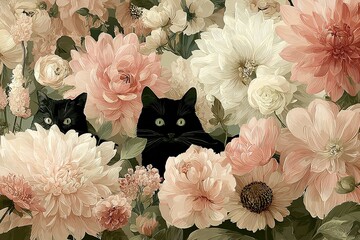 Elegant, chic, vintage floral illustration, lush garden filled with detailed blooming flowers, two black cats subtly hidden among the flowers, cats are calm, mysterious