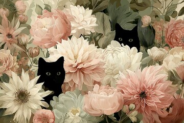 Elegant, chic, vintage floral illustration, lush garden filled with detailed blooming flowers, two black cats subtly hidden among the flowers, cats are calm, mysterious