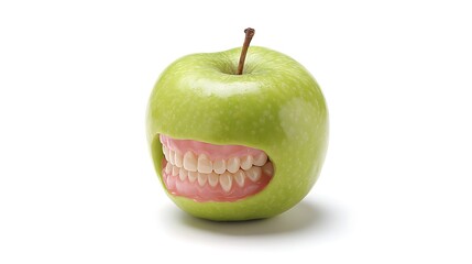 A granny smith apple with a set of teeth isolated on the white background 