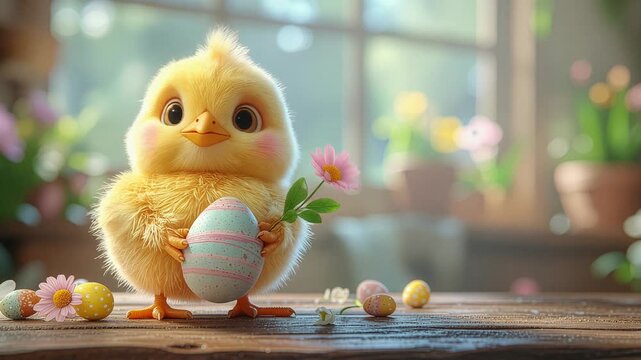 Animation of adorable fluffy yellow chick holding a colorful patterned Easter egg and a pink daisy flower, standing on a wooden table in a sunlit room with spring flowers in the background