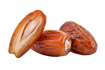 Three brown dates on white background isolated on a transparent background fruit dried wrinkled