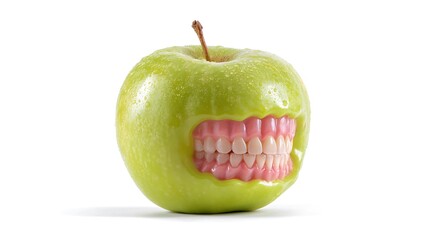 A granny smith apple with a set of teeth isolated on the white background 