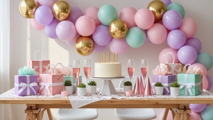 Pastel balloon garland, wrapped gift box, white cake with candles, pink champagne glass, succulent plant, and confetti create festive, joyful birthday party table decoration