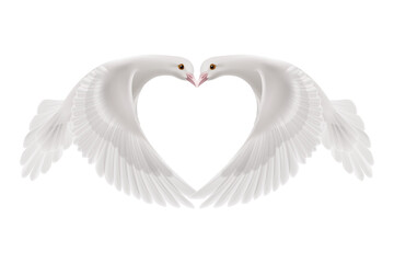 Obraz premium Two white doves flying together forming a heart shape with wings, symbolizing romance and peace, isolated on transparent background