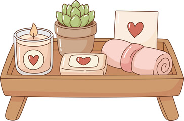 Cute Valentine's Day Spa Gift Set Illustration with Candle, Soap, and Succulent on Wooden Tray