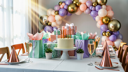 Birthday party table with pastel balloon arch, wrapped gifts, white frosted cake with candles, party hats, champagne glasses, and sunlight streaming in, creating festive atmosphere