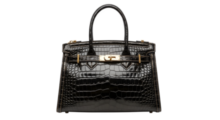A shiny black woven handbag isolated on transparent background