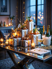 Elegant gift boxes with gold ribbons, champagne bottles, and candles create festive, luxurious holiday celebration atmosphere on modern table, perfect for joyful gatherings