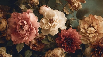 Elegant, vintage floral wallpaper, seamless pattern with antique roses, peonies and dahlias in muted tones of dusty pink, olive green © Amanita Li