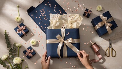 Hands tying satin ribbon on navy blue gift box, surrounded by more wrapped presents, white flowers, gold scissors, and confetti on marble surface, creating festive mood