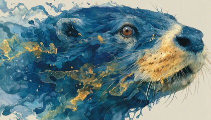 An artistic illustration of a sea otter, executed in an expressive watercolor technique with dynamic paint flows and a water effect.  