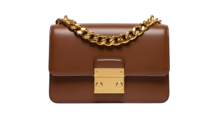 Luxury brown leather handbag with gold chain strap isolated on transparent background