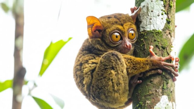 A tarsier with enormous eyes clings to a tree trunk, small ears and a curious expression