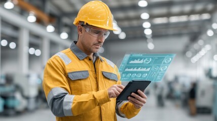 Construction Worker in Safety Gear Using Tablet with Holographic Interface for Data Analysis in Industrial Environment