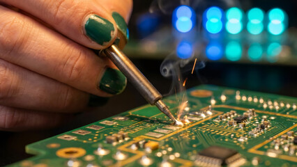 Close-up of hand soldering electronic circuit board with smoke and sparks. Technician repairing computer chip. Technology industry concept