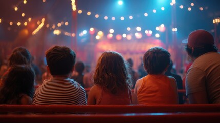 Children Seated on Benches Watching a Circus Performance with Vibrant Lights and Colorful Stage in the Background
