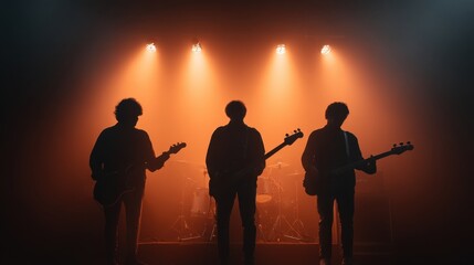 Silhouetted Musicians Performing on Stage During Rock Concert with Dramatic Lighting Effects in a Captivating Atmosphere
