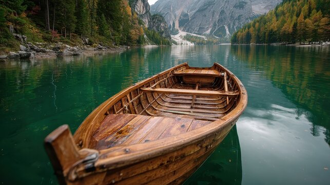 Wooden boat floats on clear water in a mountain lake surrounded by trees during autumn - Powered by Adobe