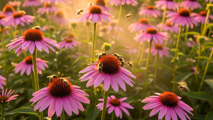 Vibrant pink coneflowers with busy bees in a lush green field at sunset