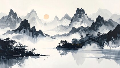 Serene Mountain Landscape with Misty Lake.