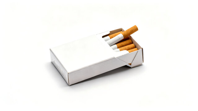 Pack of cigarettes, open box with sticks inside, isolated on a white background