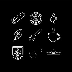Elegant collection of line icons representing natural ingredients, beverages, and decorative elements