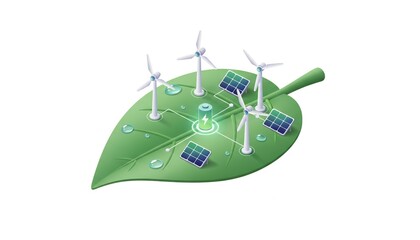Sustainable energy sources integrated onto a green leaf symbolizing environmental technology and innovation.
