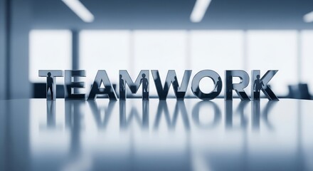 Teamwork concept with 3D text and silhouettes in modern office