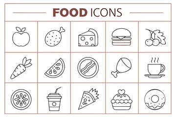 Vintage restaurant menu collection featuring a vector set of food and drink icons with pizza, cake, and fish symbol designs for business labels and signs