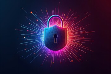 A vibrant digital illustration of a padlock with colorful neon lights and lines radiating from it, symbolizing security and protection.