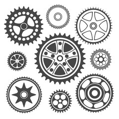A comprehensive vector illustration set featuring mechanical steel gear wheels and cog icons designed for industrial machinery and engine technology systems