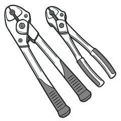 A professional set of metal pliers, steel screwdrivers, and adjustable wrench tools isolated on a white background for industrial repair and construction work
