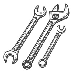 A professional set of metallic repair tools including an adjustable wrench, spanner, and screwdriver isolated on a white background for industrial construction work