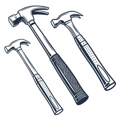 An isolated steel hammer and nails construction tool set for carpentry work and home improvement repairs, featuring a metal industrial handle design on a white background