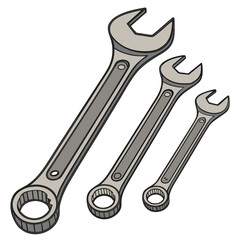A professional set of silver steel hand tools featuring a wrench, a wrench and nut, and an adjustable chrome spanner isolated on a white background for industrial construction and mechanic repair work