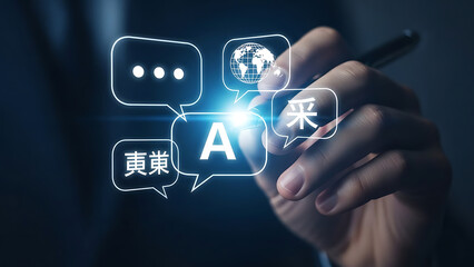 Hand interacting with holographic chat bubbles and artificial intelligence interface in a modern business setting