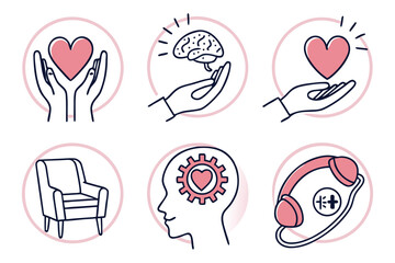 Set of vector icons for Easter and Valentine design featuring red heart symbols and romantic pink hand art illustrations for a wedding card concept