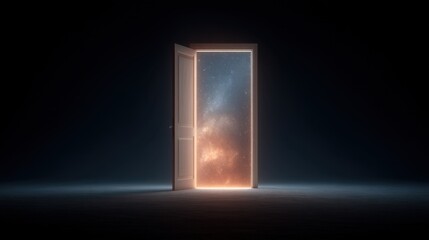 A Mysterious Door Opens to a Glowing Cosmic Space Filled with Stars and Wonders in a Dark Background