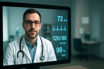 Advanced telemedicine interface showing a male physician in a digital consultation with integrated real-time patient vital signs data visualization