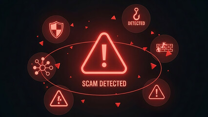 Cybersecurity alert neon illustration of scam detection with warning signs and digital security icons in a dark setting