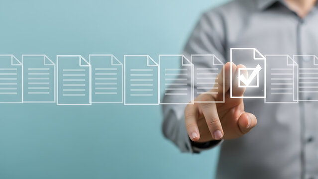 Man interacting with futuristic digital interface displaying data and networking connections in a modern office environment - Powered by Adobe