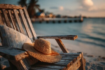 Sunset at the beach with a chair and a straw hat resting by water