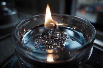Warm light dances above liquid in glass container on table by window