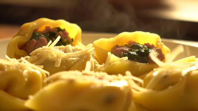 Steaming stuffed pasta rolls on a plate with blurred background, possibly for restaurant or food advertisement use