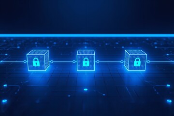 A digital illustration of three locked cubes connected by lines on a dark blue background with neon lights