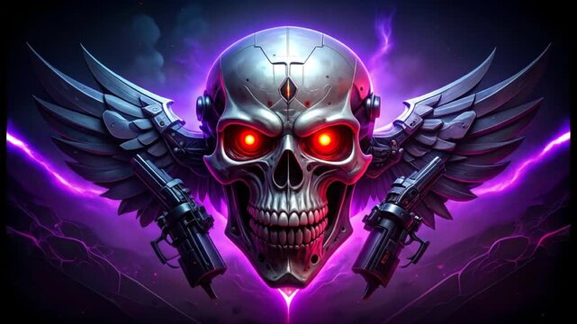 A metallic skull with glowing red eyes, wings, and guns against a purple backdrop