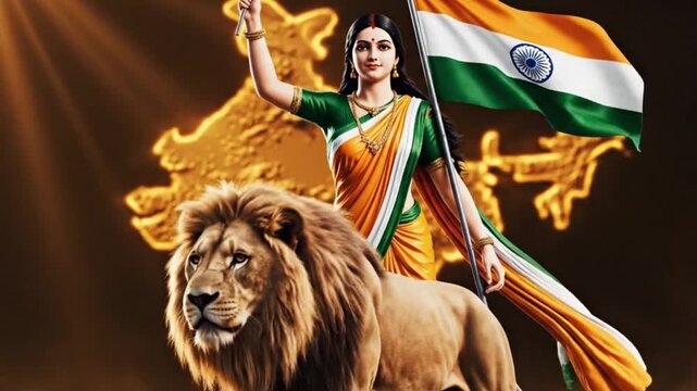 Indian Woman With Flag Rides Lion: Patriotic Heroism, National Pride, and Majestic Symbolism