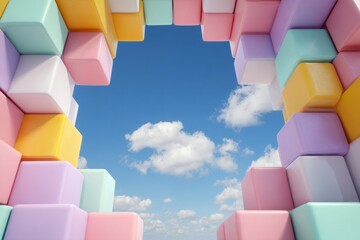 Sky Through the Prism: Abstract structure of colorful blocks, inviting the viewer into a visual exploration of perception and perspective, with the brilliant blue sky and fluffy clouds in the center.