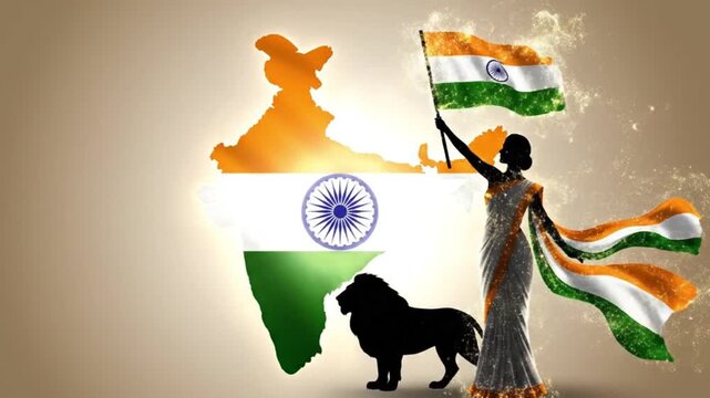 Indian Woman With Flag Rides Lion: Patriotic Heroism, National Pride, and Majestic Symbolism